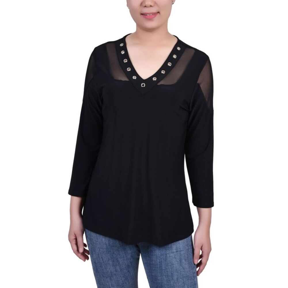 NY Collection Petite Long Sleeve Top With Mesh Insets
